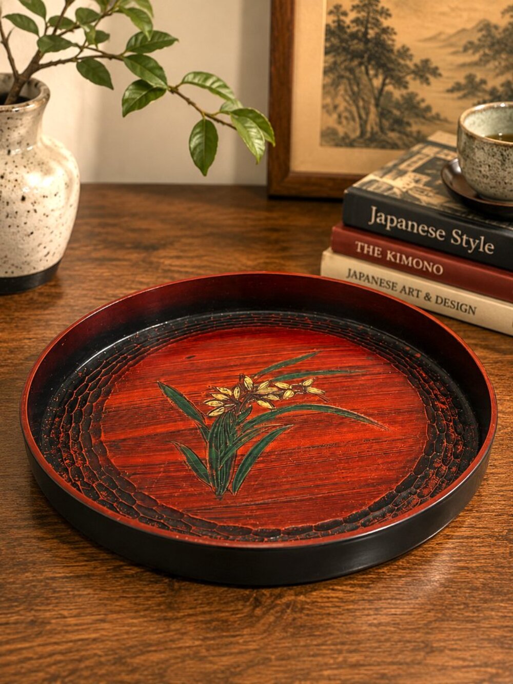 Vintage Japanese Kamakura-Bori Wooden Lacquer Serving Tray 13" Floral Japan